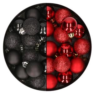 Bellatio 28x stuks kleine kunststof kerstballen zwart en rood 3 cm -