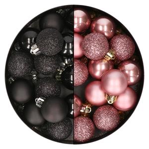 Bellatio 28x stuks kleine kunststof kerstballen zwart en velvet roze 3 cm -