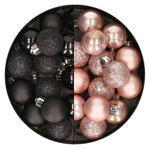 Bellatio 28x stuks kleine kunststof kerstballen zwart en zachtroze 3 cm -
