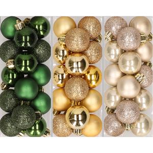 Bellatio 42x stuks kleine kunststof kerstballen goud, champagne en donkergroen 3 cm -