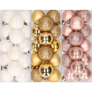 Bellatio 42x stuks kleine kunststof kerstballen goud, lichtroze en parelmoer wit 3 cm -