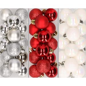 Bellatio 42x stuks kleine kunststof kerstballen rood, wit en zilver 3 cm -
