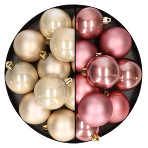 Bellatio 24x stuks kunststof kerstballen mix van champagne en velvet roze 6 cm -