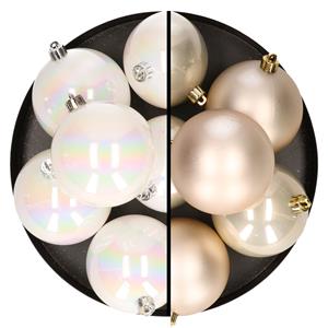 Bellatio 12x stuks kunststof kerstballen 8 cm mix van parelmoer wit en champagne -