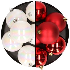 Bellatio 12x stuks kunststof kerstballen 8 cm mix van parelmoer wit en rood -