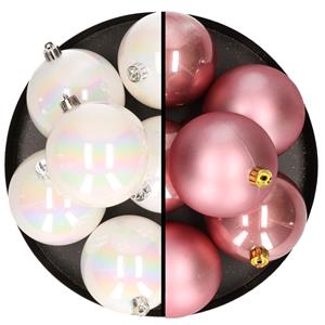 Bellatio 12x stuks kunststof kerstballen 8 cm mix van parelmoer wit en velvet roze -