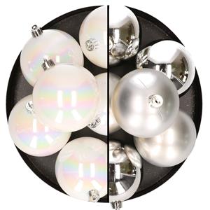 Bellatio 12x stuks kunststof kerstballen 8 cm mix van parelmoer wit en zilver -