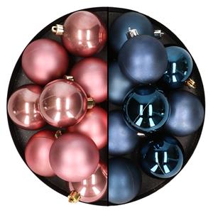 Bellatio 24x stuks kunststof kerstballen mix van donkerblauw en oudroze 6 cm -