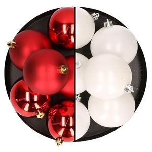 Bellatio 12x stuks kunststof kerstballen 8 cm mix van wit en rood -