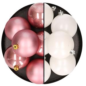 Bellatio 12x stuks kunststof kerstballen 8 cm mix van wit en velvet roze -