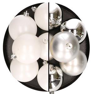 Bellatio 12x stuks kunststof kerstballen 8 cm mix van zilver en wit -