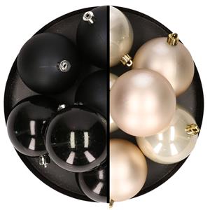 Bellatio 12x stuks kunststof kerstballen 8 cm mix van zwart en champagne -