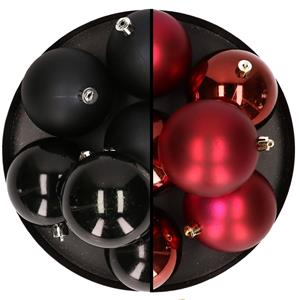 Bellatio 12x stuks kunststof kerstballen 8 cm mix van zwart en donkerrood -