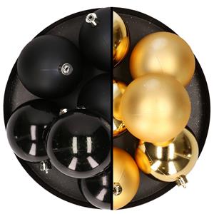 Bellatio 12x stuks kunststof kerstballen 8 cm mix van zwart en goud -
