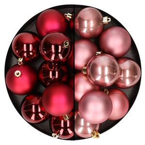 Bellatio 24x stuks kunststof kerstballen mix van donkerrood en oudroze 6 cm -