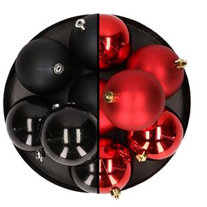 Bellatio 12x stuks kunststof kerstballen 8 cm mix van zwart en rood -