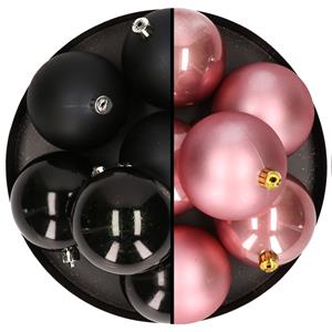 Bellatio 12x stuks kunststof kerstballen 8 cm mix van zwart en velvet roze -