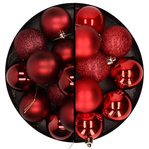 Bellatio 24x stuks kunststof kerstballen mix van donkerrood en rood 6 cm -