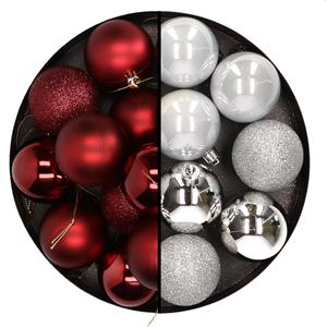 Bellatio 24x stuks kunststof kerstballen mix van donkerrood en zilver 6 cm -
