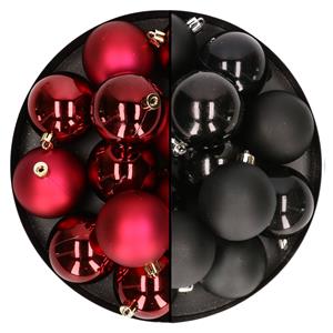 Bellatio 24x stuks kunststof kerstballen mix van donkerrood en zwart 6 cm -