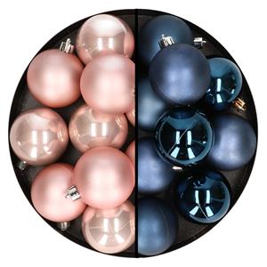 Bellatio 24x stuks kunststof kerstballen mix van lichtroze en donkerblauw 6 cm -