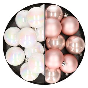 Bellatio 24x stuks kunststof kerstballen mix van lichtroze en parelmoer wit 6 cm -