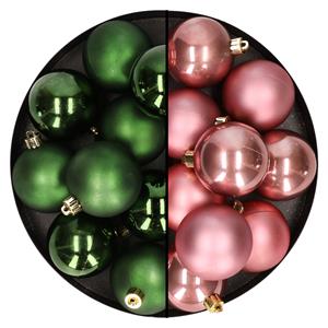Bellatio 24x stuks kunststof kerstballen mix van oudroze en donkergroen 6 cm -