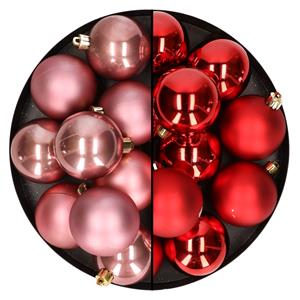 Bellatio 24x stuks kunststof kerstballen mix van rood en oudroze 6 cm -