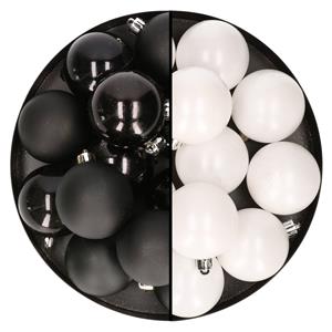 Bellatio 24x stuks kunststof kerstballen mix van wit en zwart 6 cm -