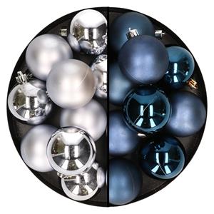 Bellatio 24x stuks kunststof kerstballen mix van zilver en donkerblauw 6 cm -