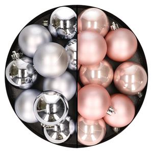 Bellatio 24x stuks kunststof kerstballen mix van zilver en lichtroze 6 cm -