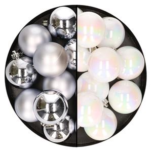 Bellatio 24x stuks kunststof kerstballen mix van zilver en parelmoer wit 6 cm -