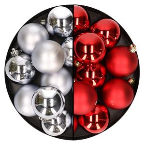 Bellatio 24x stuks kunststof kerstballen mix van zilver en rood 6 cm -
