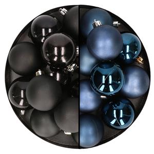 Bellatio 24x stuks kunststof kerstballen mix van zwart en donkerblauw 6 cm -