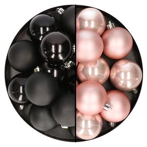 Bellatio 24x stuks kunststof kerstballen mix van zwart en lichtroze 6 cm -