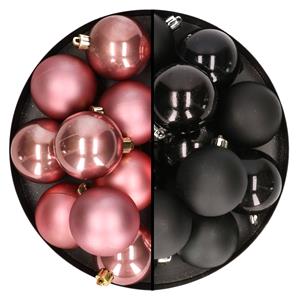 Bellatio 24x stuks kunststof kerstballen mix van zwart en oudroze 6 cm -