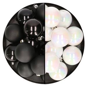 Bellatio 24x stuks kunststof kerstballen mix van zwart en parelmoer wit 6 cm -