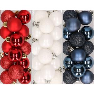 Bellatio 42x stuks kleine kunststof kerstballen mix rood, wit en blauw 3 cm -