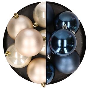 Bellatio 12x stuks kunststof kerstballen 8 cm mix van donkerblauw en champagne -