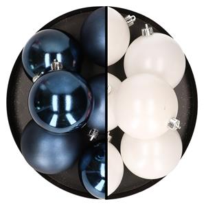 Bellatio 12x stuks kunststof kerstballen 8 cm mix van donkerblauw en wit -