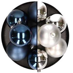 Bellatio 12x stuks kunststof kerstballen 8 cm mix van donkerblauw en zilver -