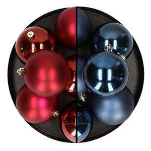 Bellatio 12x stuks kunststof kerstballen 8 cm mix van donkerrood en donkerblauw -