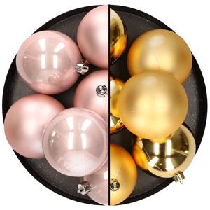 Bellatio 12x stuks kunststof kerstballen 8 cm mix van lichtroze en goud -