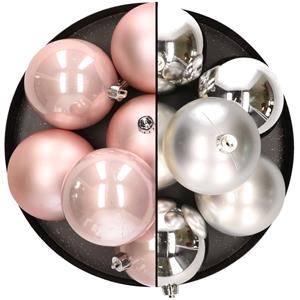 Bellatio 12x stuks kunststof kerstballen 8 cm mix van lichtroze en zilver -