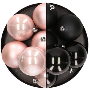 Bellatio 12x stuks kunststof kerstballen 8 cm mix van lichtroze en zwart -