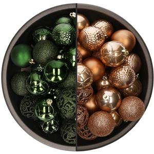Bellatio 74x stuks kunststof kerstballen mix van camel bruin en donkergroen 6 cm -