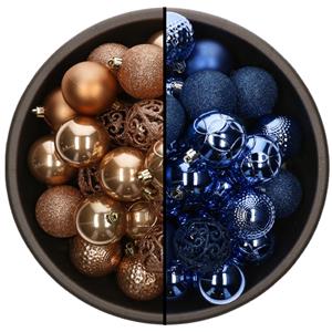 Bellatio 74x stuks kunststof kerstballen mix van camel bruin en kobalt blauw 6 cm -