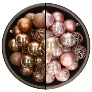 Bellatio 74x stuks kunststof kerstballen mix van camel bruin en lichtroze 6 cm -