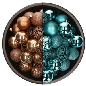 Bellatio 74x stuks kunststof kerstballen mix van camel bruin en turquoise blauw 6 cm -