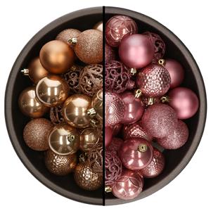 Bellatio 74x stuks kunststof kerstballen mix van camel bruin en velvet roze 6 cm -